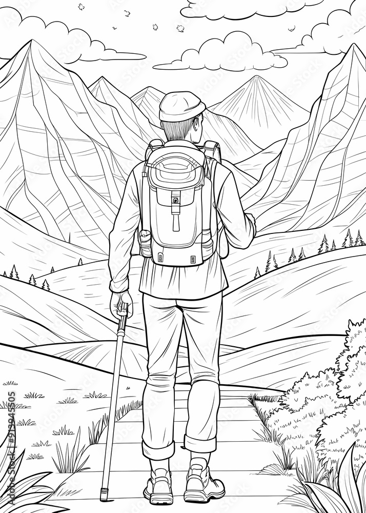 Obraz premium Peaceful Mountain Hiking Coloring Page