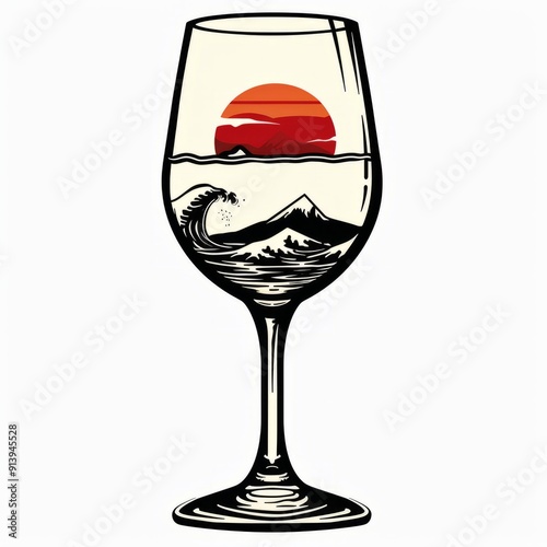 A wine glass with a silhouette of a wave crashing against a mountain with a sunset in the background. photo