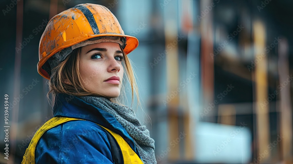 Portrait of an attractive woman in worer overalls and hard hat, posing confidently next to a building under construction. Portrait of an attractive woman in worer overalls and hard hat, posing confidently next to a building under construction.