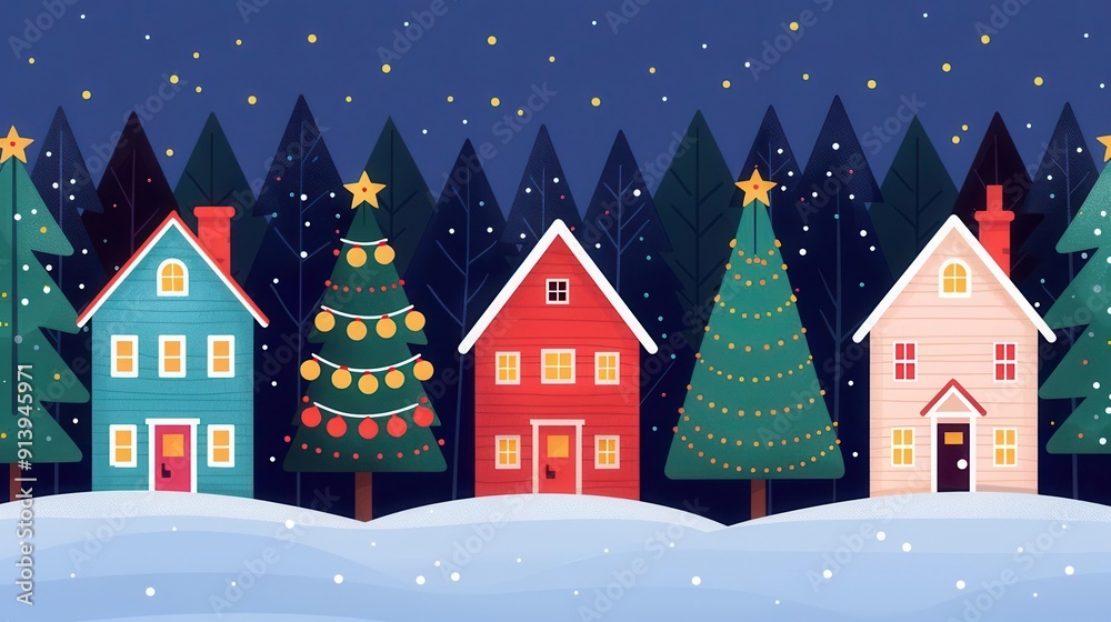Fototapeta premium Neighborhood Christmas lights display, cheerful homes, flat design illustration