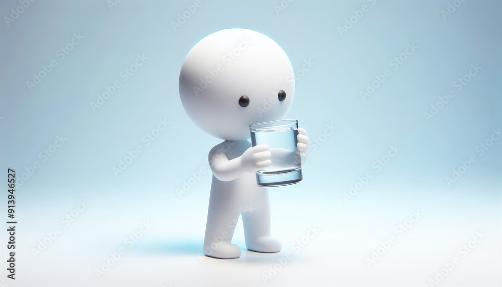 3D white figure drinking a glass of water. Draws attention to climate change and water scarcity. World Water Day