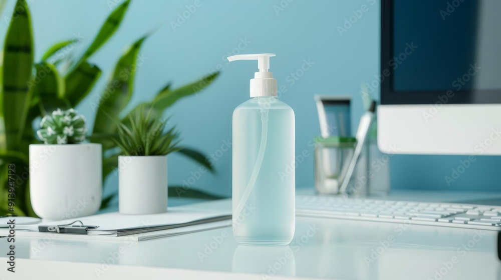 Hand sanitizer bottle on a clean white desk in a modern office. Hand sanitizer bottle on a clean white desk in a modern office.