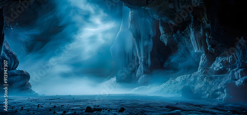 Fototapeta Naklejka Na Ścianę i Meble -  Blue foggy cave interior with mist. High quality photo.