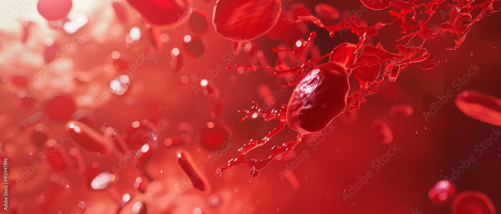 Close-up of dynamic red blood cells in circulating motion, showcasing the vibrant complexity of the human circulatory system. Close-up of dynamic red blood cells in circulating motion, showcasing the vibrant complexity of the human circulatory system.