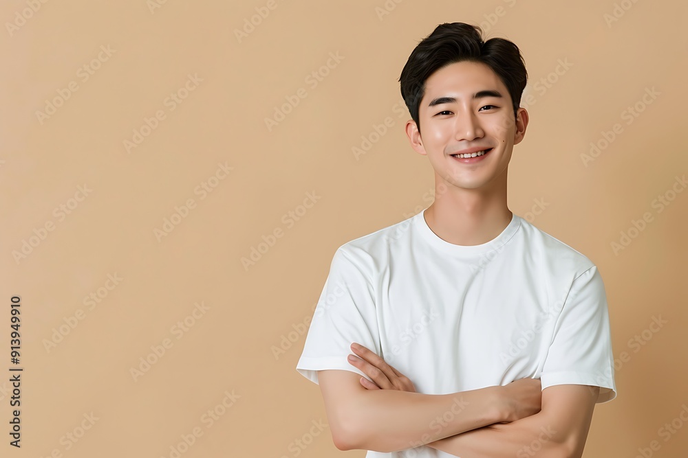 Obraz premium Smiling Young Man in White T-Shirt