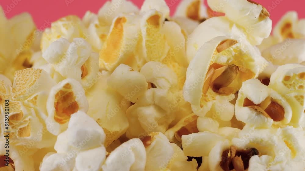 Popcorn grains rotating in a red and white striped bucket isolated on pink background. Movie snack food, fast food cafe sweet snack. Popcorn grains rotating in a red and white striped bucket isolated on pink background. Movie snack food, fast food cafe sweet snack.