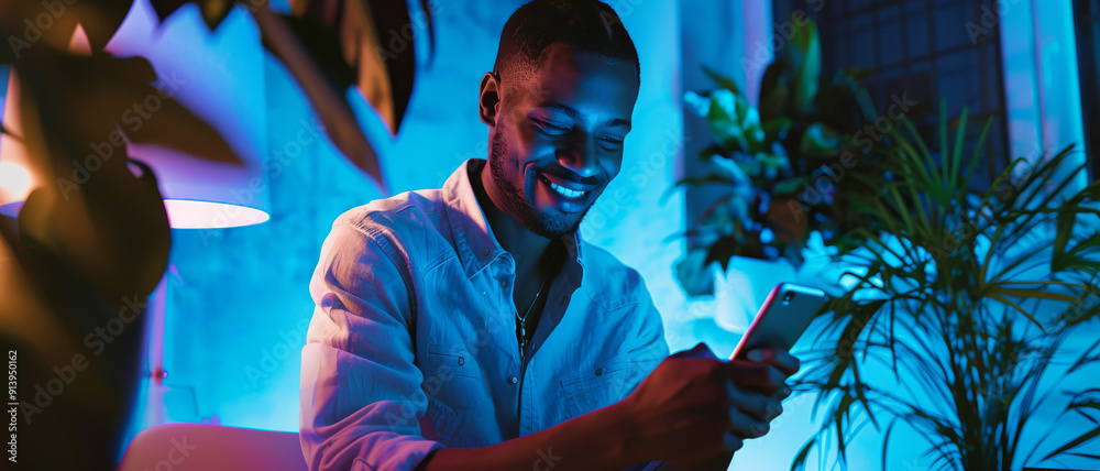 Fototapeta premium A young man in a cozy, dimly-lit room smiles warmly as he checks his phone, surrounded by house plants and bathed in a serene blue light.
