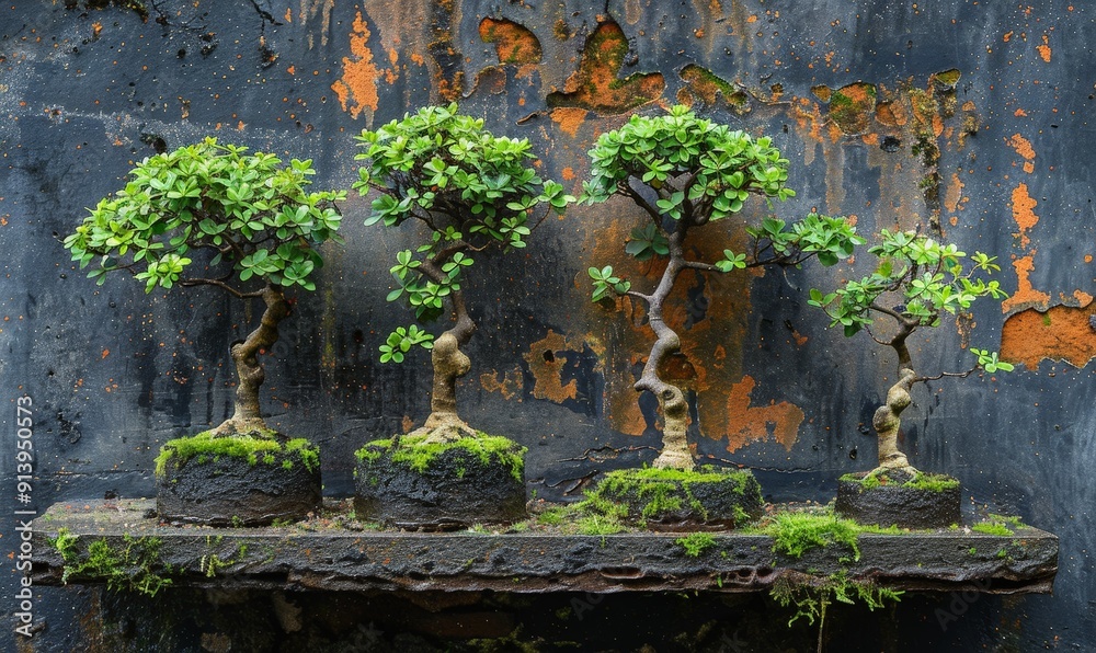 A bonsai in Forest style, with multiple trunks creating a miniature forest A bonsai in Forest style, with multiple trunks creating a miniature forest