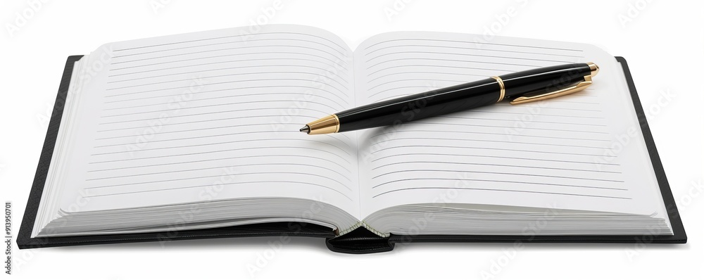 Open notebook with a pen, 4K hyperrealistic photo
