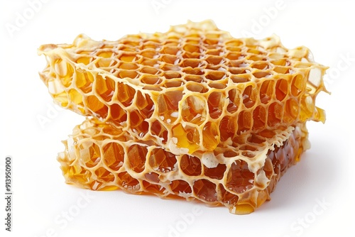 Close-Up of Fresh Honeycomb Stack on White Background