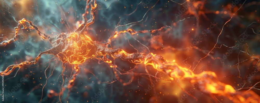 Obraz premium Microscopic view of a neuron firing electrical impulses, 4K hyperrealistic photo