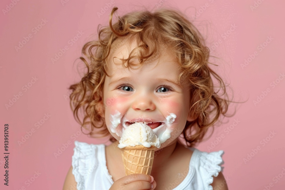 Little one smiles while eating ice cream. Blonde toddler curly hair radiating happiness smiling calmly. Tender reminder of carefree days filled innocence. Little one smiles while eating ice cream. Blonde toddler curly hair radiating happiness smiling calmly. Tender reminder of carefree days filled innocence.