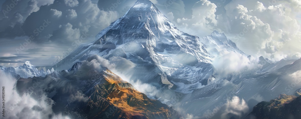 Majestic mountain with a misty peak, 4K hyperrealistic photo Majestic mountain with a misty peak, 4K hyperrealistic photo