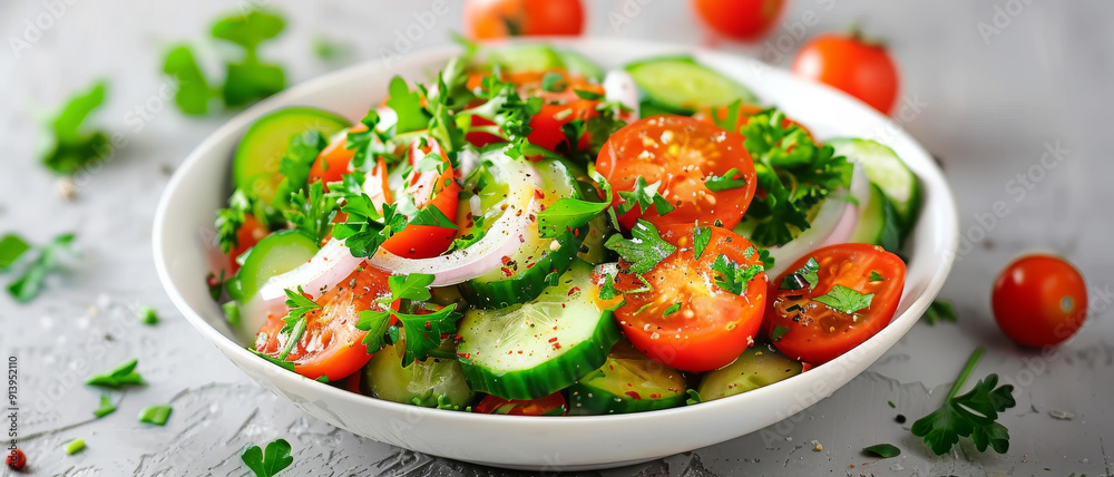 Bowl of colorful garden-fresh salad featuring tomatoes, cucumbers, onions, and parsley, beautifully plated on a rustic grey surface. Bowl of colorful garden-fresh salad featuring tomatoes, cucumbers, onions, and parsley, beautifully plated on a rustic grey surface.