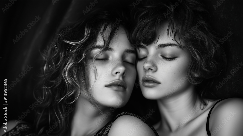 Fototapeta premium Two women resting their heads on each other's shoulders , clean dark backdrop, black and white