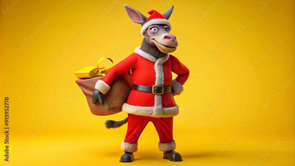 Donkey sporting a Santa hat, red suit, and sack of presents, isolated on yellow background, copy space,generative ai
Donkey sporting a Santa hat, red suit, and sack of presents, isolated on yellow background, copy space,generative ai