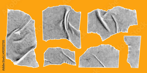Set of halftone collage elements isolated on yellow background. Torn pieces of paper tape with jagged edges. Cut and ripped sheets, vector illustration.