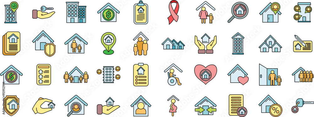 Social housing icons set outline vector. Home work. Stay care thin line color flat on white