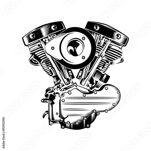 V Twin Engine motorbike black and white illustration vector isolated on white background. V Twin Engine Silhouette Vector Isolated. V Twin Motorcycle Engine Vector black and white.