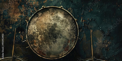 An old, worn drumhead against a dark background.