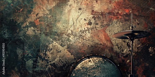 Drum set against a textured wall. photo