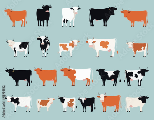 male and female farm animals. Cow, bull and calf icons. Dairy cattle in different poses