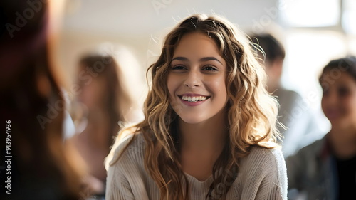 Smiling Young Woman Casual Indoor Gathering Friends