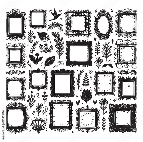 Hand drawn frames with wavy lines, silhouettes Vector illustration design.