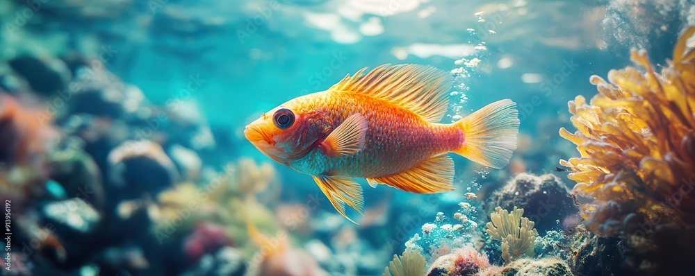 Fototapeta premium Fish and underwater pollution close up, focus on, copy space vibrant tints, Double exposure silhouette with polluted ocean