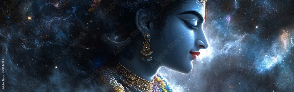 Lord Krishna Portrait Against Starry Sky Lord Krishna Portrait Against Starry Sky