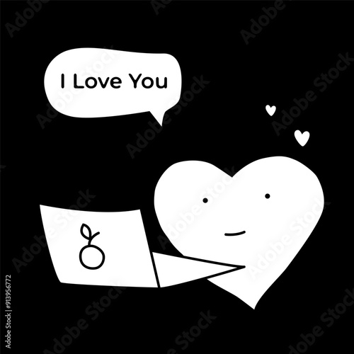Declaration of love. Heart character reads message on laptop screen. Black and white vector illustration. Cute and funny drawing for Valentines Day. Heart and laptop icon. Hand drawn doodle style.