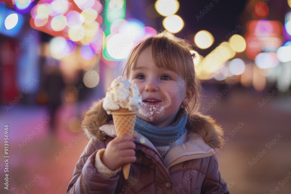 Child savors each bite of their ice cream cone. Young child smiling bushy hairstyle and joyful expression. Innocence and delight simple treasures of early years. Child savors each bite of their ice cream cone. Young child smiling bushy hairstyle and joyful expression. Innocence and delight simple treasures of early years.