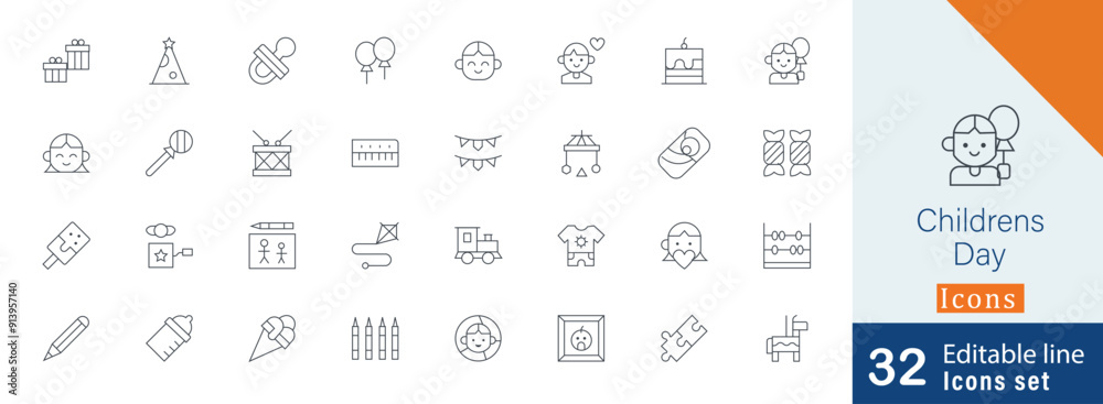 Children day thin line icon collection Children day thin line icon collection