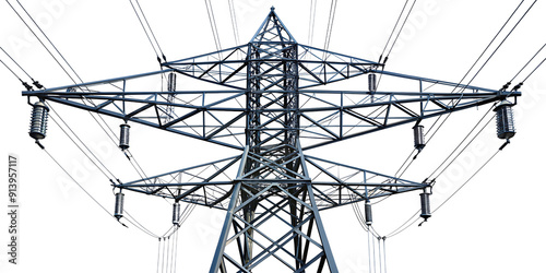 high voltage power tower line white background. AI GENERATED