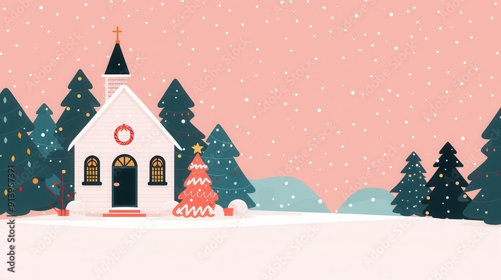 A charming winter scene featuring a decorated Christmas church surrounded by snowy trees, under a snowfall on a soft pink sky background. A charming winter scene featuring a decorated Christmas church surrounded by snowy trees, under a snowfall on a soft pink sky background.