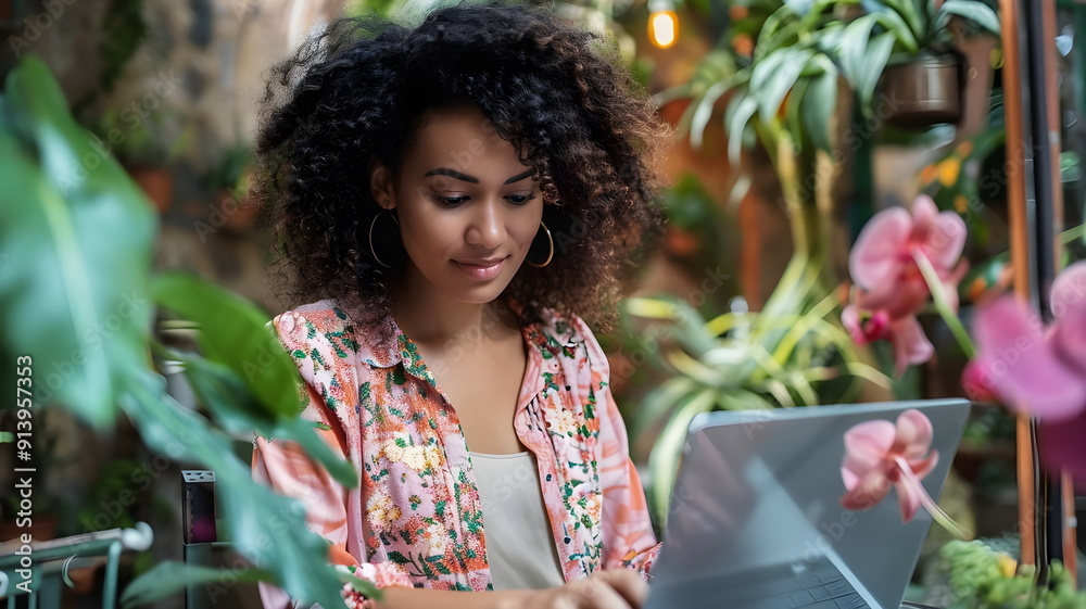 Young Woman Working Laptop Greenhouse Environment Young Woman Working Laptop Greenhouse Environment