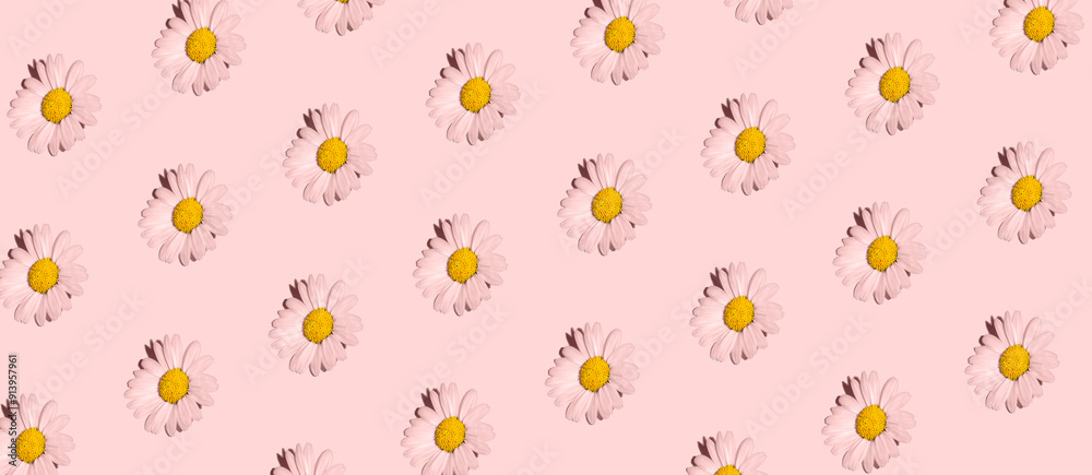 Springtime floral pattern on a powder pink background.