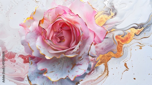 abstract floral oil painting gold and blue hydrangea flower on white background