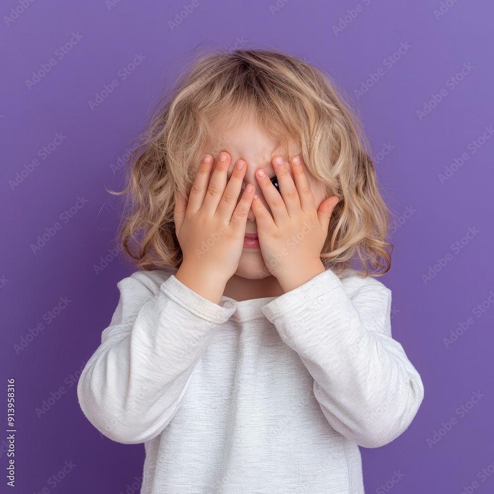 Little Girl Playing Peekaboo, Peeking Through Fingers Little Girl Playing Peekaboo, Peeking Through Fingers