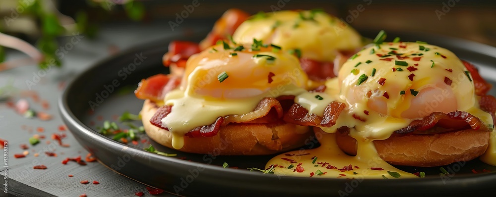 Classic eggs Benedict with hollandaise sauce and crispy bacon, 4K hyperrealistic photo Classic eggs Benedict with hollandaise sauce and crispy bacon, 4K hyperrealistic photo