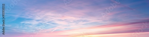 Pastel Sunset Sky Panoramic Photography Soft Pink Golden and Blue Evening Sky with Long Stratus Clouds on the Horizon Serene Skyscape in Pastel Hues Nature s Beauty in Focus photo