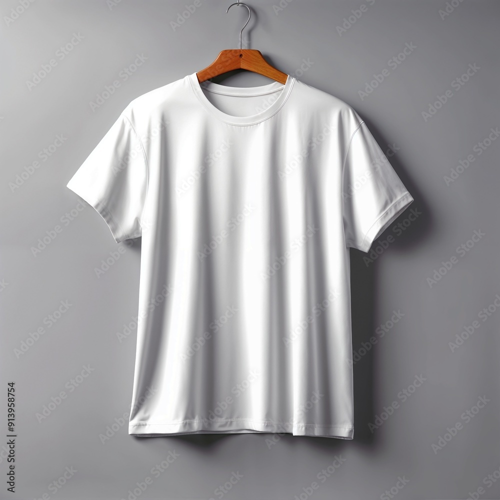 White T-Shirt Mock-up on wooden hanger front view White T-Shirt Mock-up on wooden hanger front view