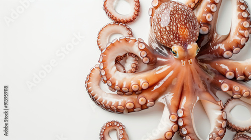 Top-Down Perspective of Octopus on White Background, Excellent for Seafood Recipe Illustrations and Food Blogs photo