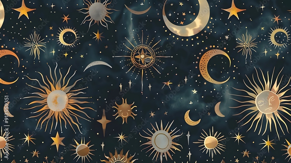 Celestial pattern with suns moons and stars on a dark background Celestial pattern with suns moons and stars on a dark background