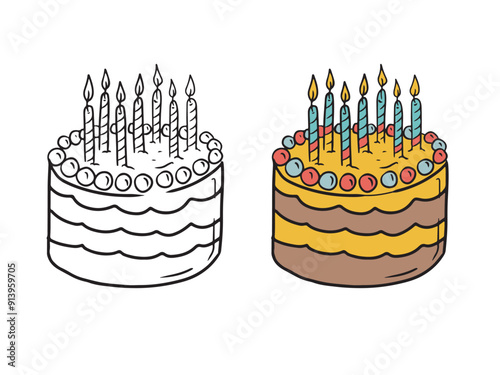 Beautiful cake with yellow cream, sponge cake blue burning candles and orange balls. Hand drawn vector sketch illustration in doodle engraved vintage line art style. Coloring book, halloween, birthday
