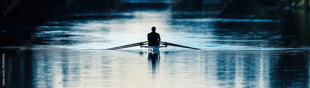 Silhouette of a rower on a river close up, focus on, copy space Calm blues with reflective water Double exposure silhouette with river scene Silhouette of a rower on a river close up, focus on, copy space Calm blues with reflective water Double exposure silhouette with river scene