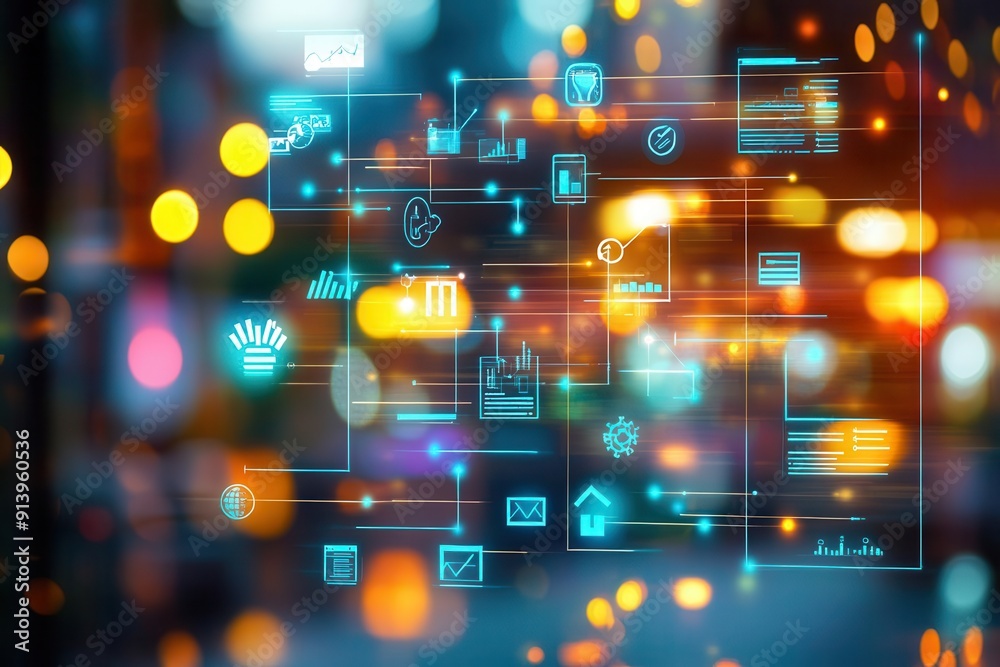 Fototapeta premium Technologydriven business services close up, focus on, copy space Bright and vibrant colors, double exposure silhouette with service icons