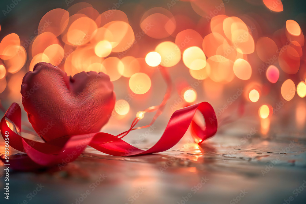 Red Heart with Ribbon and Bokeh Lights. Red Heart with Ribbon and Bokeh Lights.