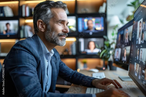 Businessman participating in a virtual meeting on dual monitors in his home office, engaged in a professional video conference with colleagues.