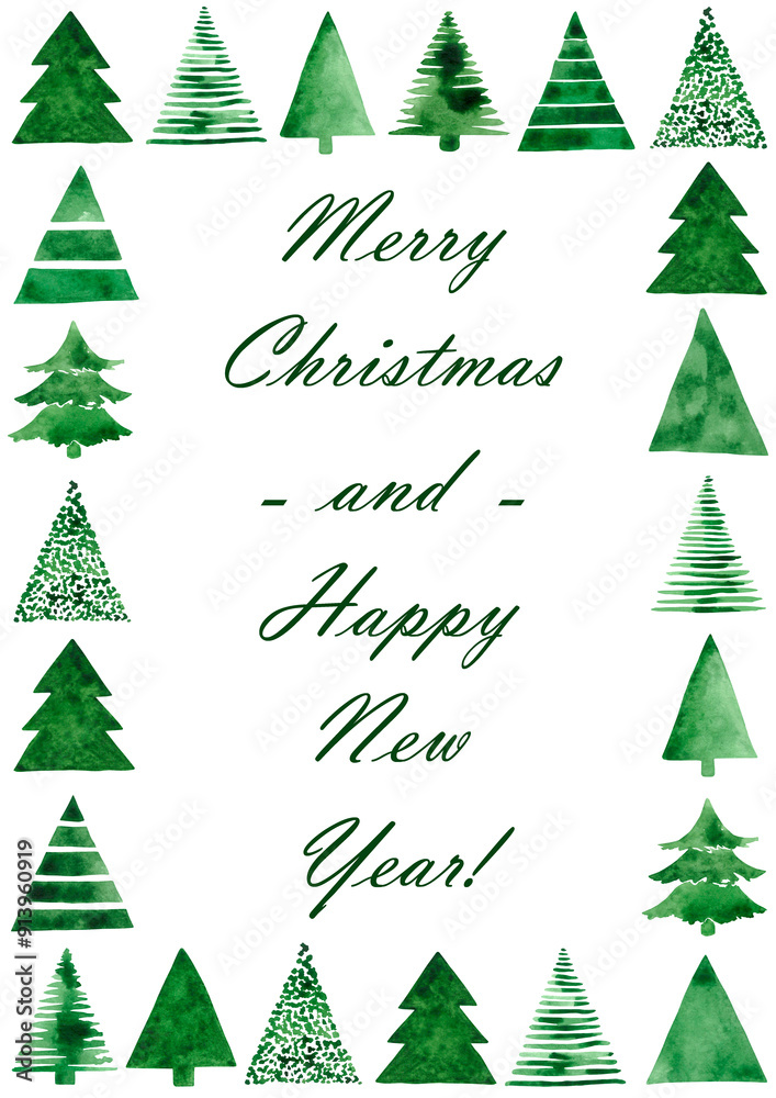 Fototapeta premium Merry Christmas and Happy New Year greetings decorated with cute watercolor Christmas trees. Blank with greetings decorated with naive hand-painted watercolor Christmas trees.